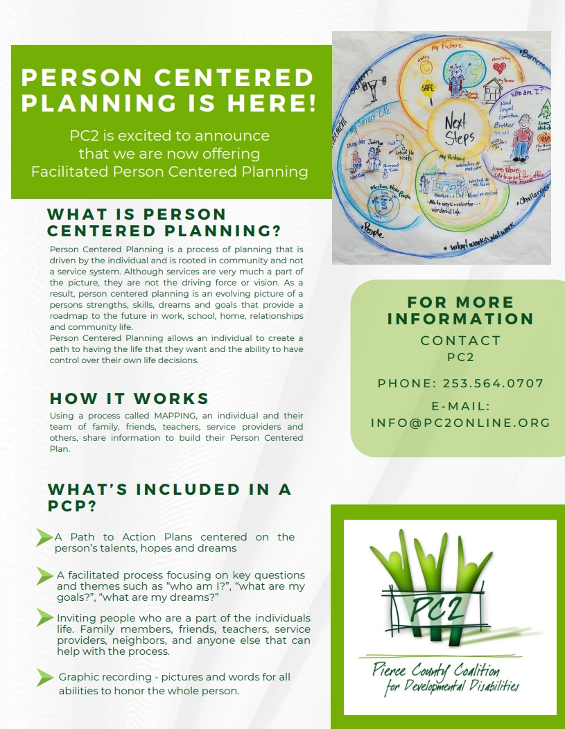 Flyer describing Person-Centered Planning and providing contact information for more details by phone at 253.564.0707 or email at info@pc2online.org
